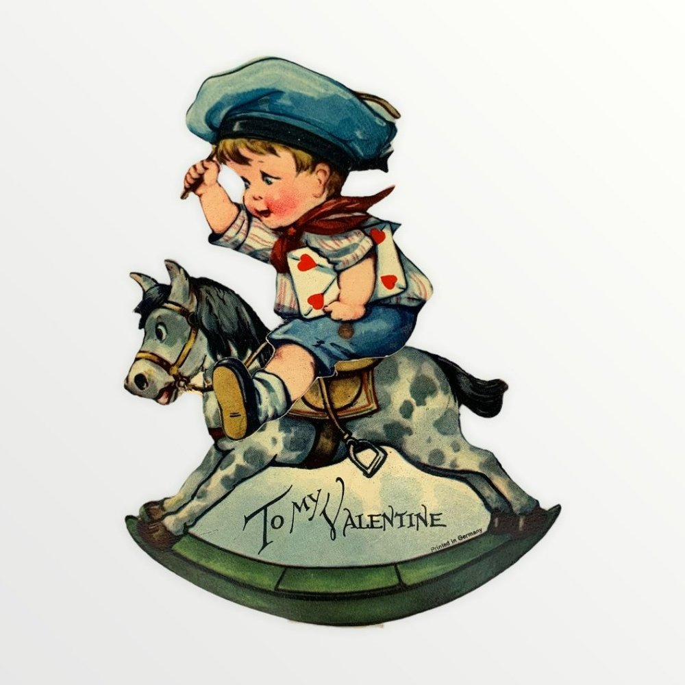 Vtg Valentine Card Boy Rocking Horse Postal Germany Switch Moving Stand Up Heart